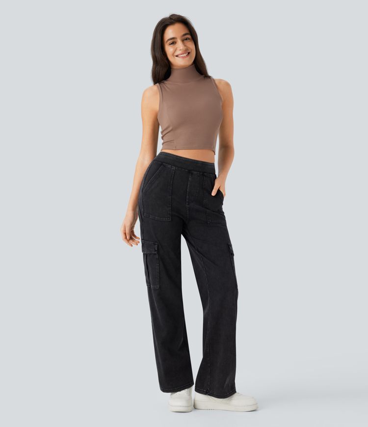 Ribbed Hooded High Neck Sleeveless Cut Out Cropped Casual Tank Top