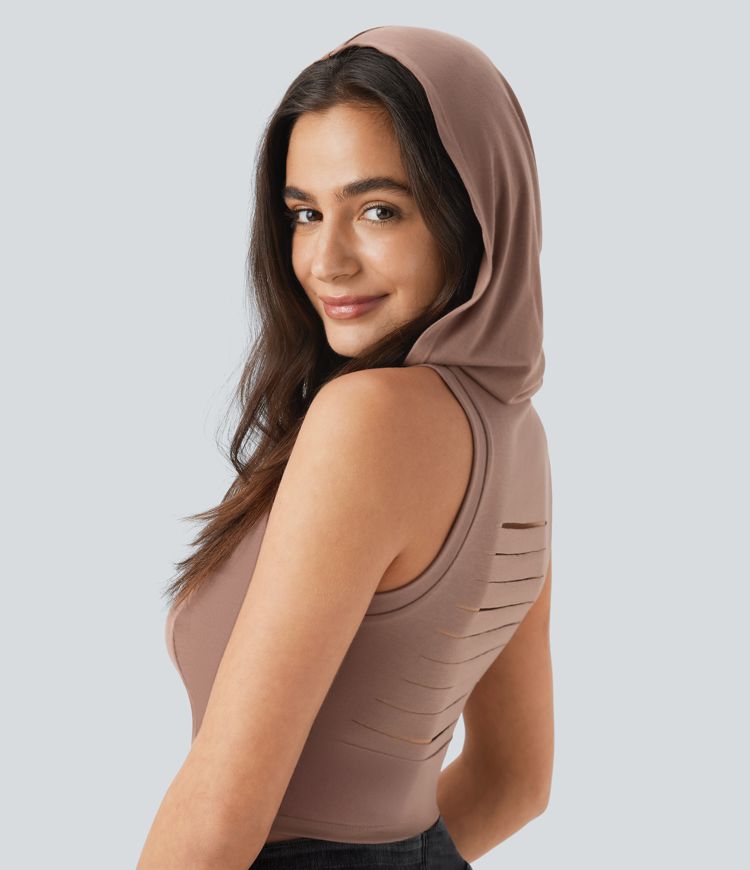 Ribbed Hooded High Neck Sleeveless Cut Out Cropped Casual Tank Top
