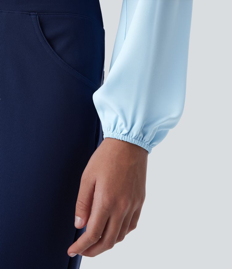 Lässige, schulterfreie Bluse mit Stehkragen, Knopfleiste und Bischofsärmeln