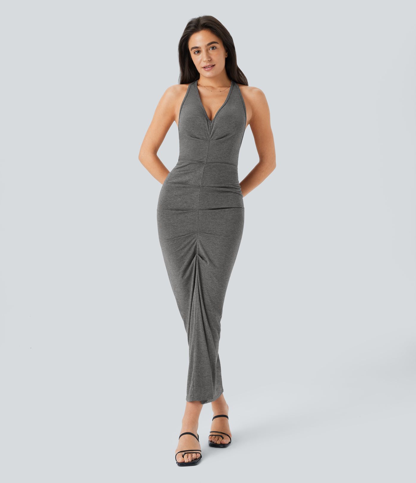 Deep V Neck Halter Tie Backless Ruched Midi Casual Dress