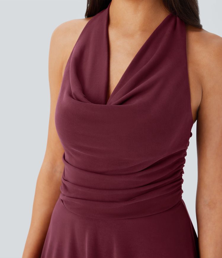 Halter Cowl Neck Ruched 2-in-1 Micro Dress