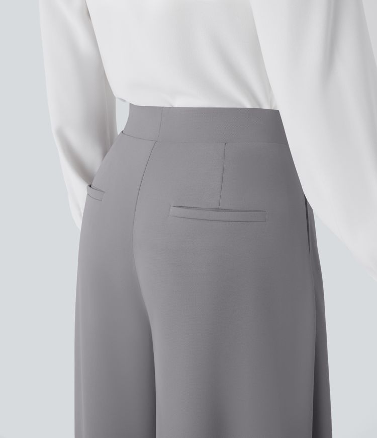 Pantalón oficina tiro alto palazzo bolsillo lateral botón decorativo