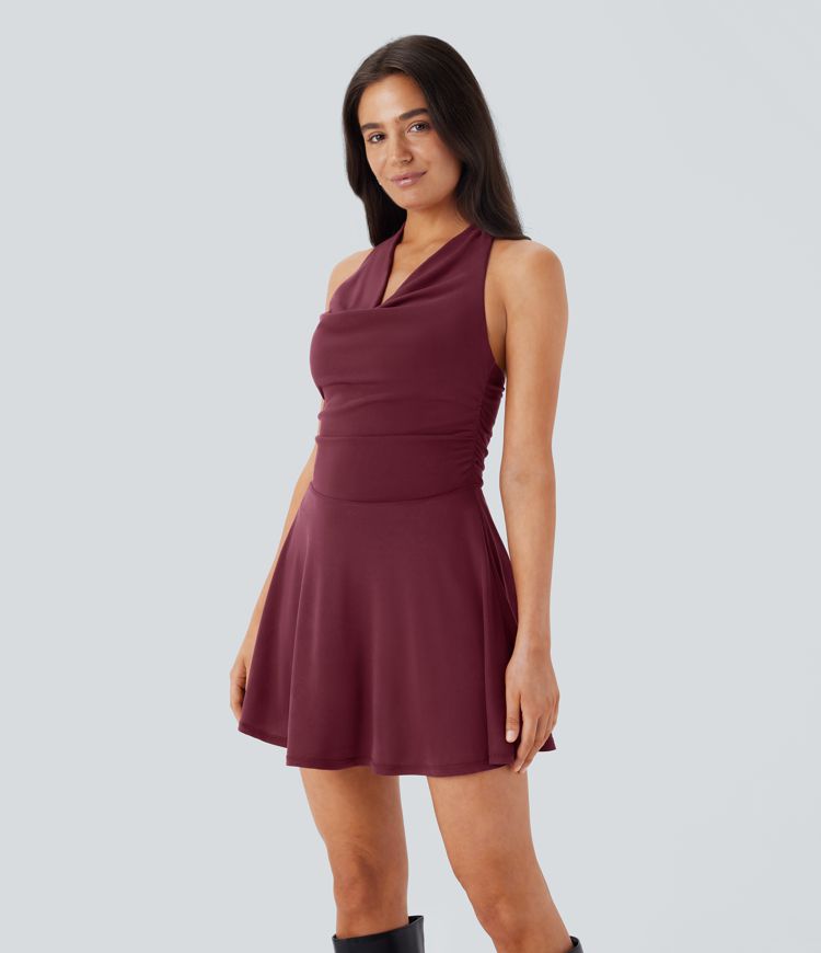 Halter Cowl Neck Ruched 2-in-1 Micro Dress
