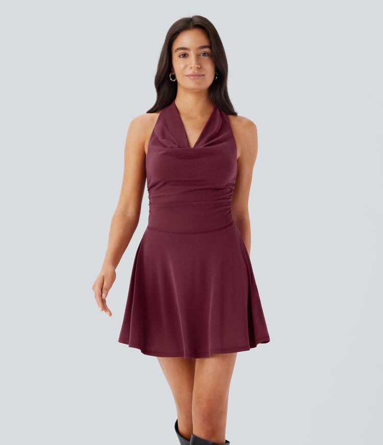 Halter Cowl Neck Ruched 2-in-1 Micro Dress
