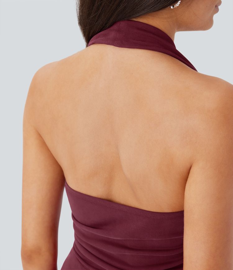 Halter Cowl Neck Ruched 2-in-1 Micro Dress