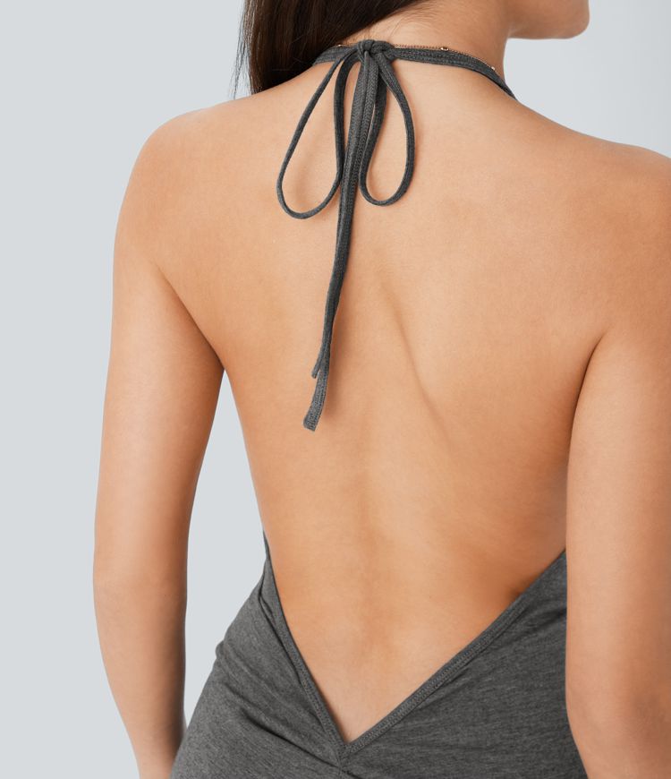 Deep V Neck Halter Tie Ruched Midi Casual Dress