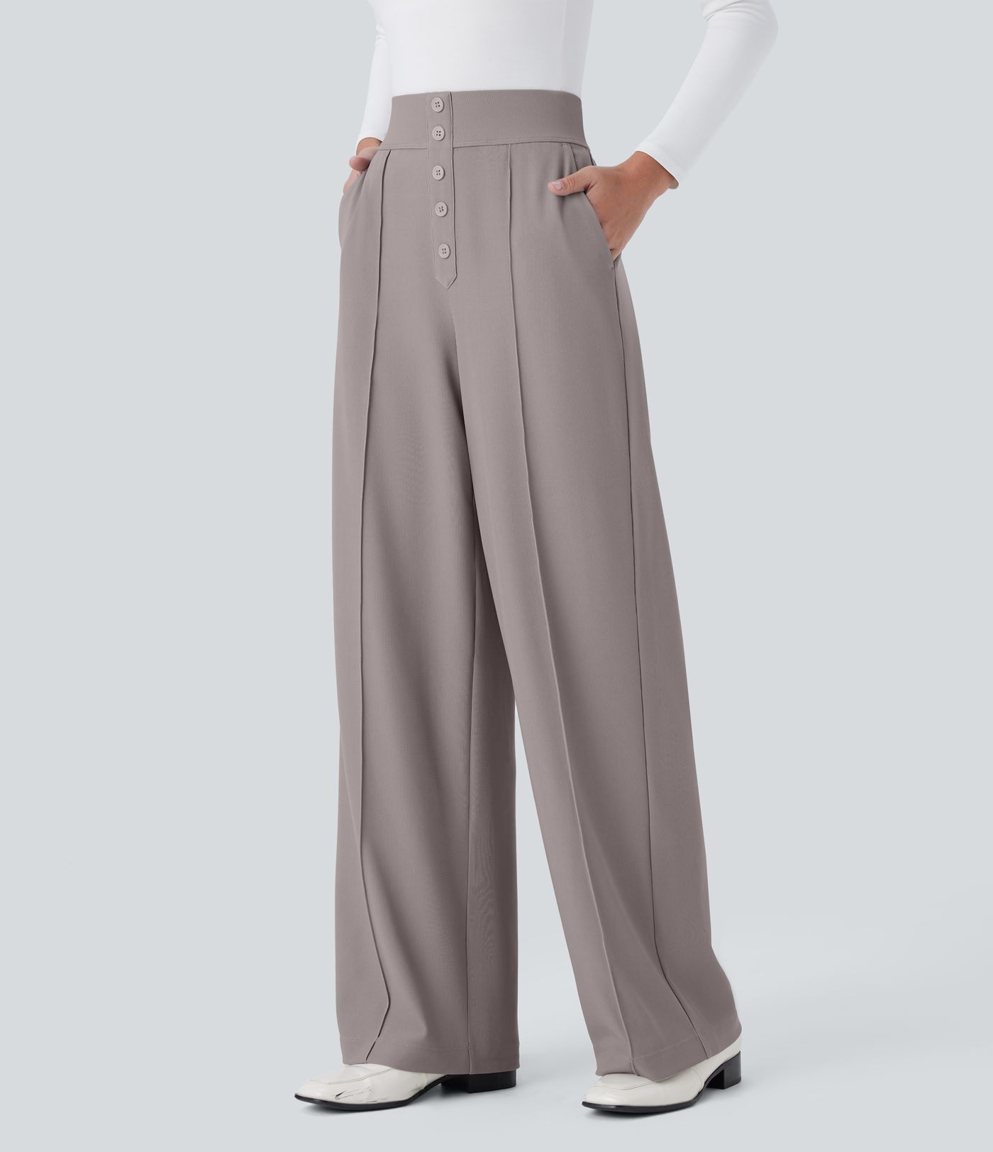 Pantalón Halara Flex™ oficina tiro alto bolsillo lateral botón decorativo pierna recta microgofre