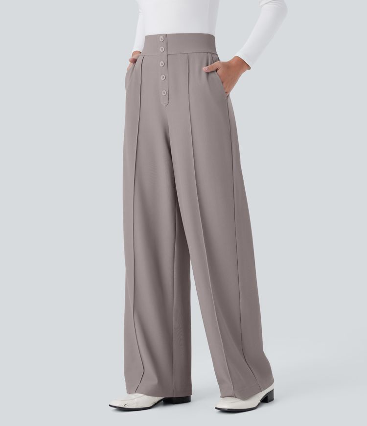 Pantalón Halara Flex™ oficina tiro alto bolsillo lateral botón decorativo pierna recta microgofre