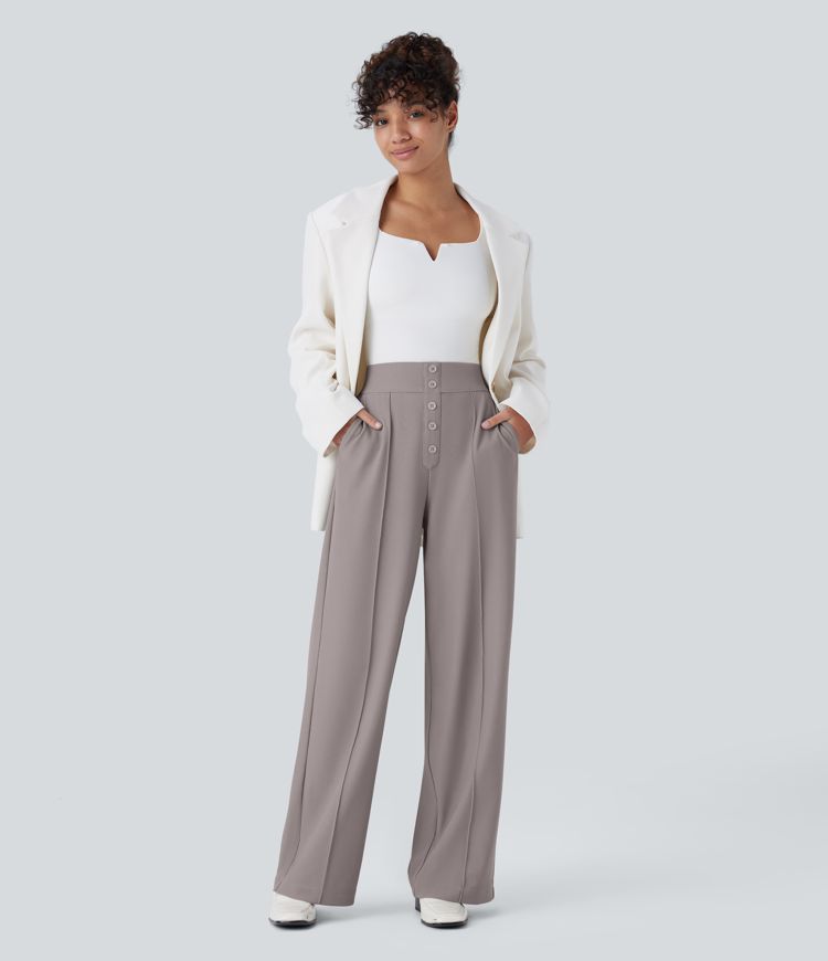 Pantalón Halara Flex™ oficina tiro alto bolsillo lateral botón decorativo pierna recta microgofre