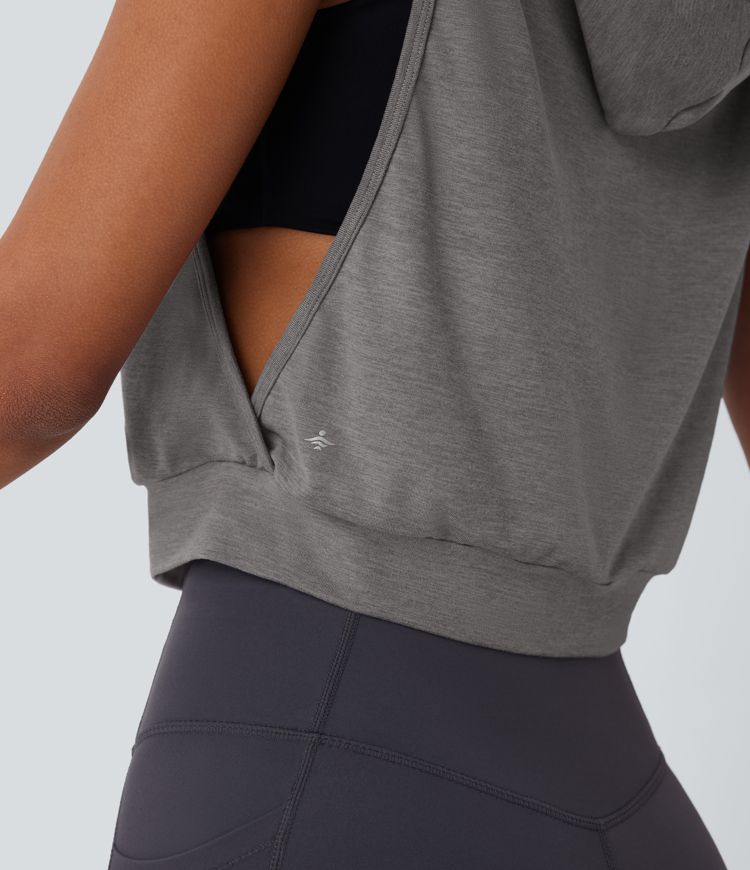 Women's Hooded Drawstring Sleeveless Cropped Running Tank