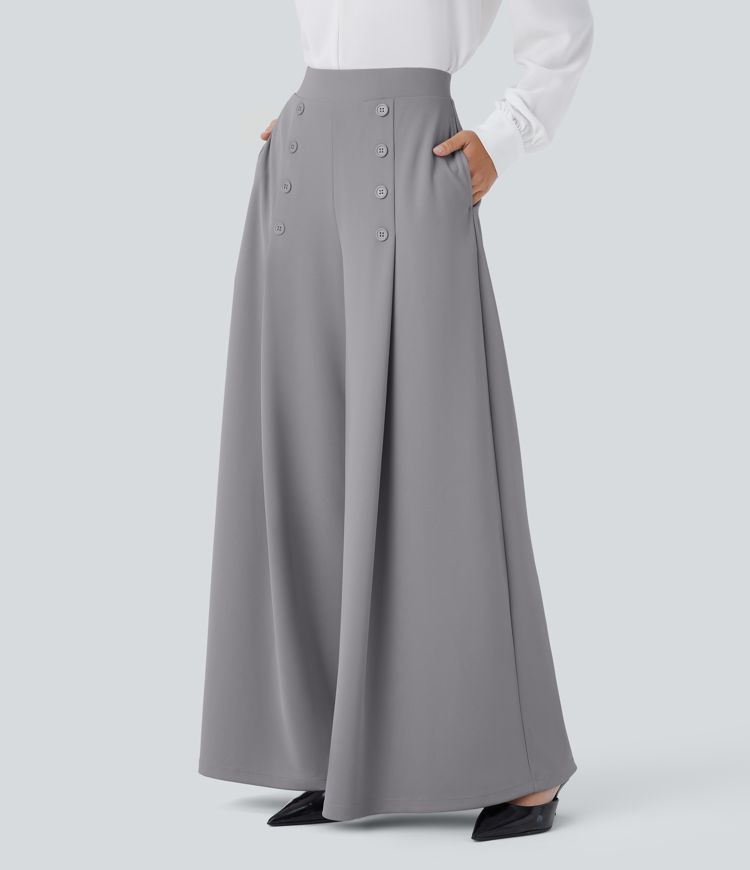 Pantalón oficina tiro alto palazzo bolsillo lateral botón decorativo