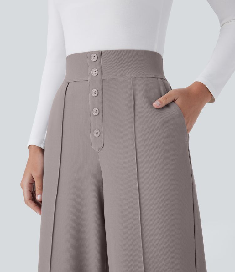 Pantalón Halara Flex™ oficina tiro alto bolsillo lateral botón decorativo pierna recta microgofre