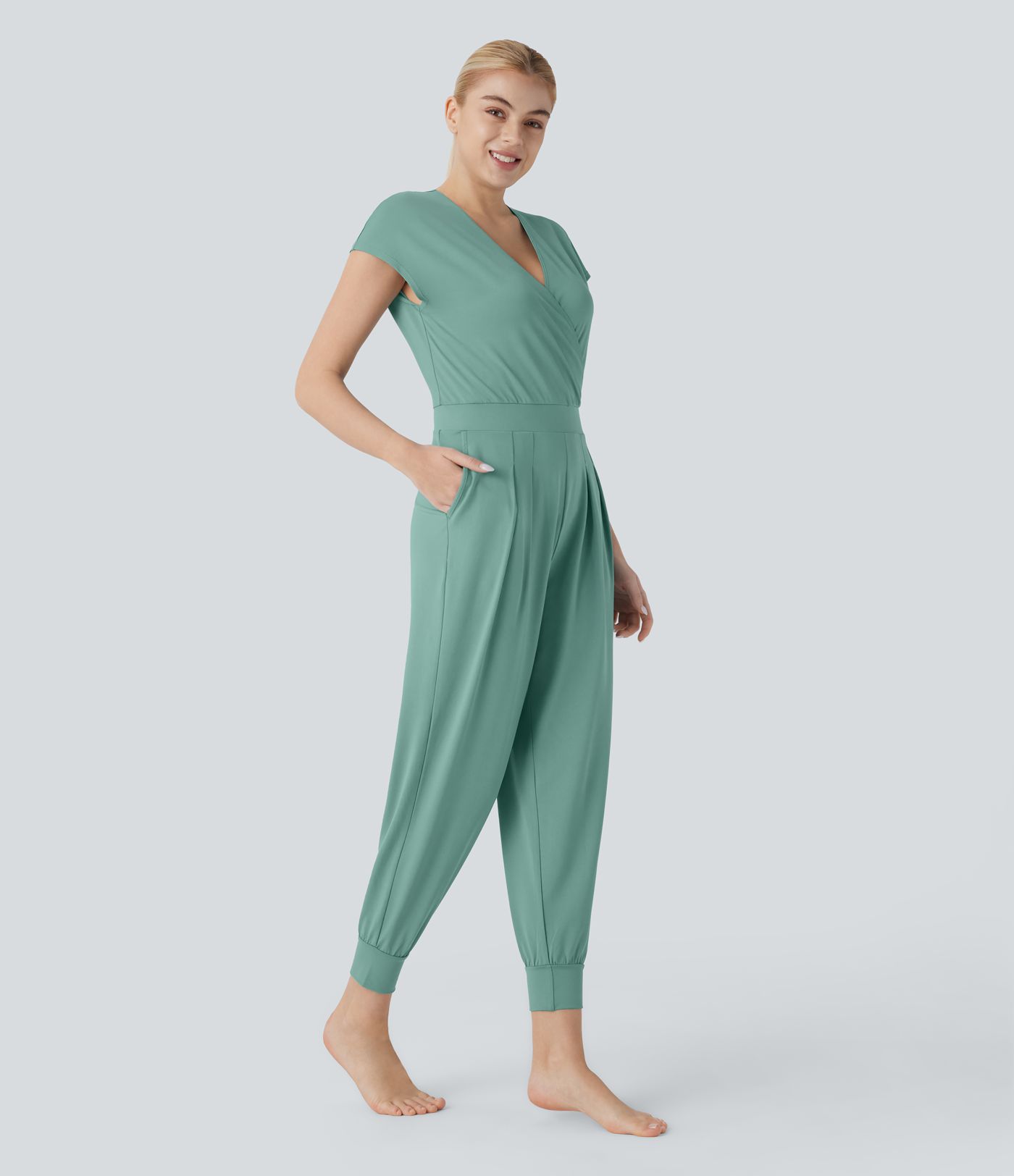 Mono yoga cuello V manga corta cruzada bolsillo lateral