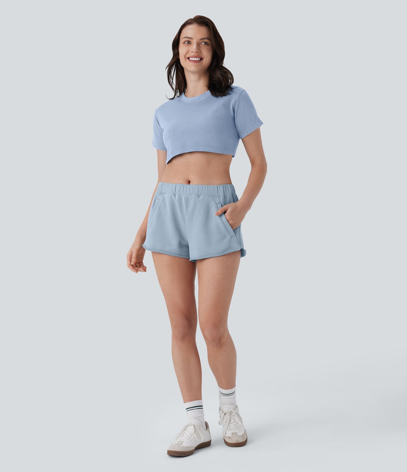 Mid Rise Side Zip Pocket Raw Hem Yoga Cotton Shorts