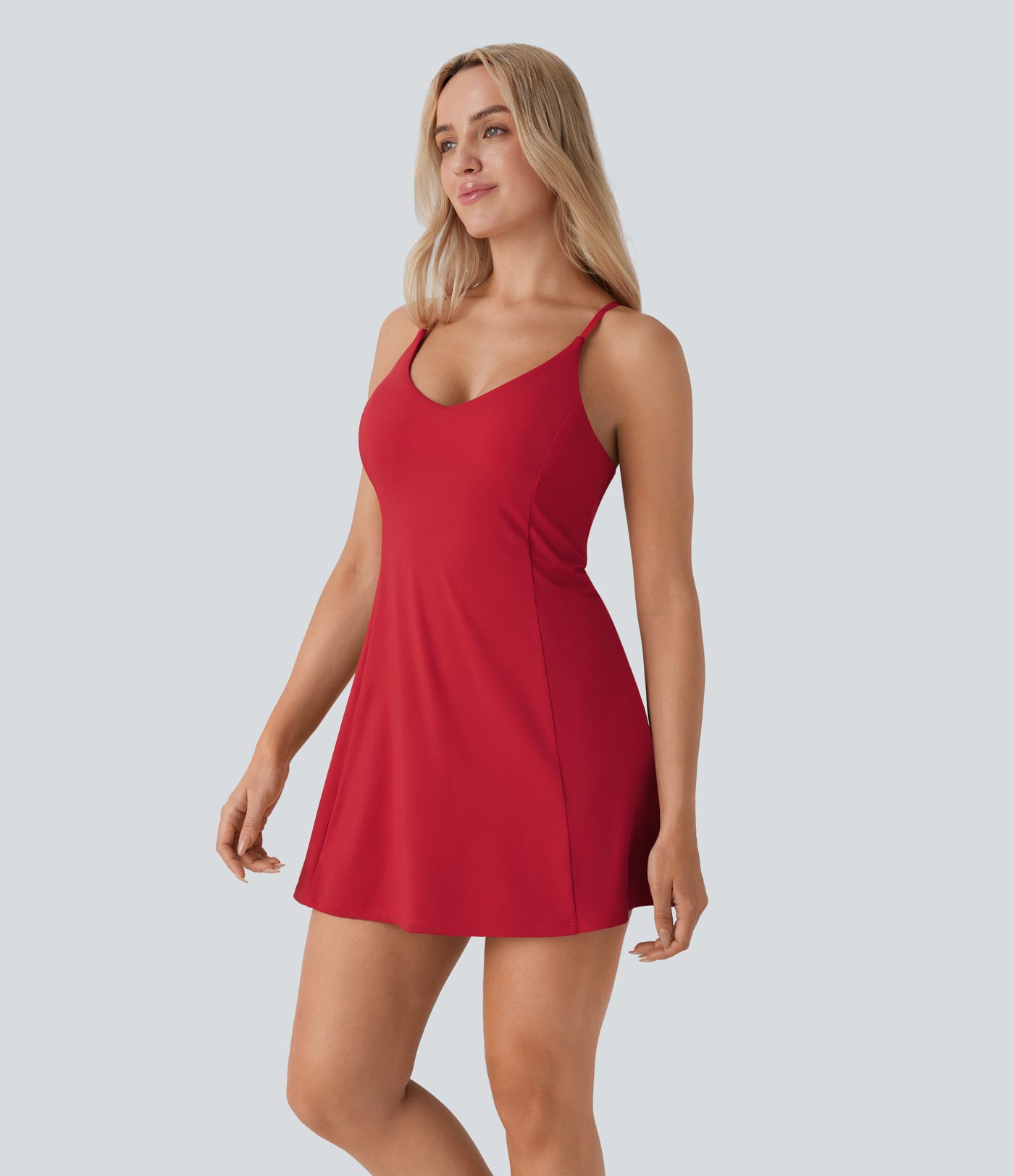Softlyzero™ Airy Rückenfreies, ausgestelltes 2-in-1 Mini-Tanzkleid mit verstellbaren Trägern, Racerback, Seitentaschen und Cool Touch - Easy Peezy Edition