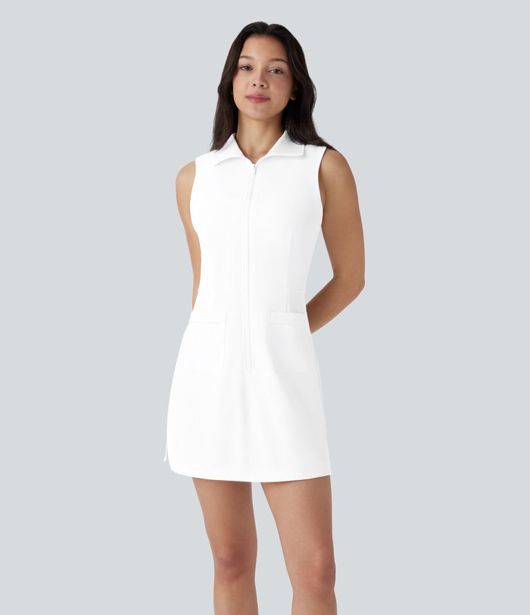 Sleeveless Zipper Pocket Curved Hem Cool Touch Mini Golf Active Dress