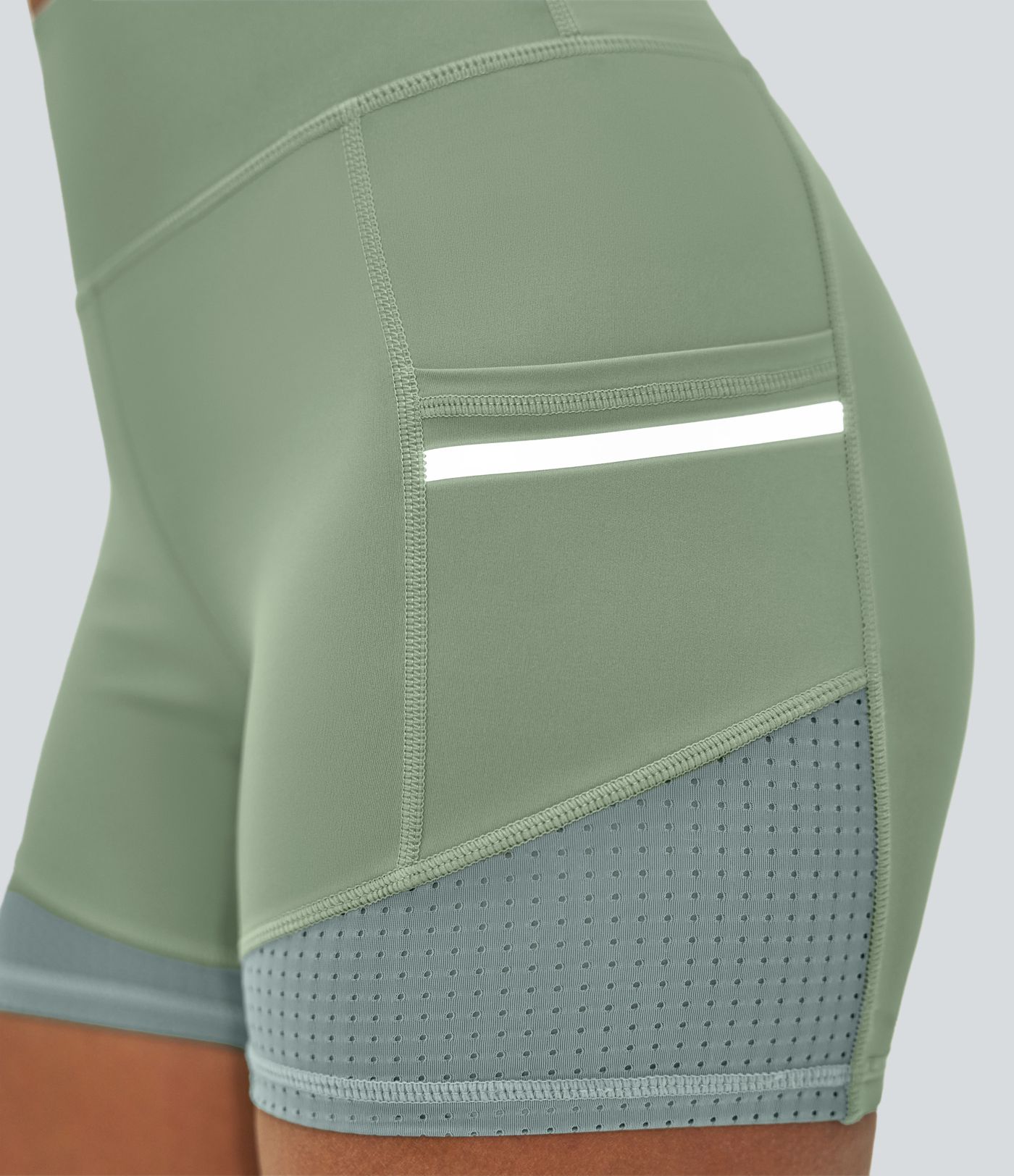 Softlyzero™ Airy Yoga-Bikershorts mit hoher Taille, reflektierender Linie in Kontrastfarbe, perforierte Seitentasche, Cool Touch, 10cm