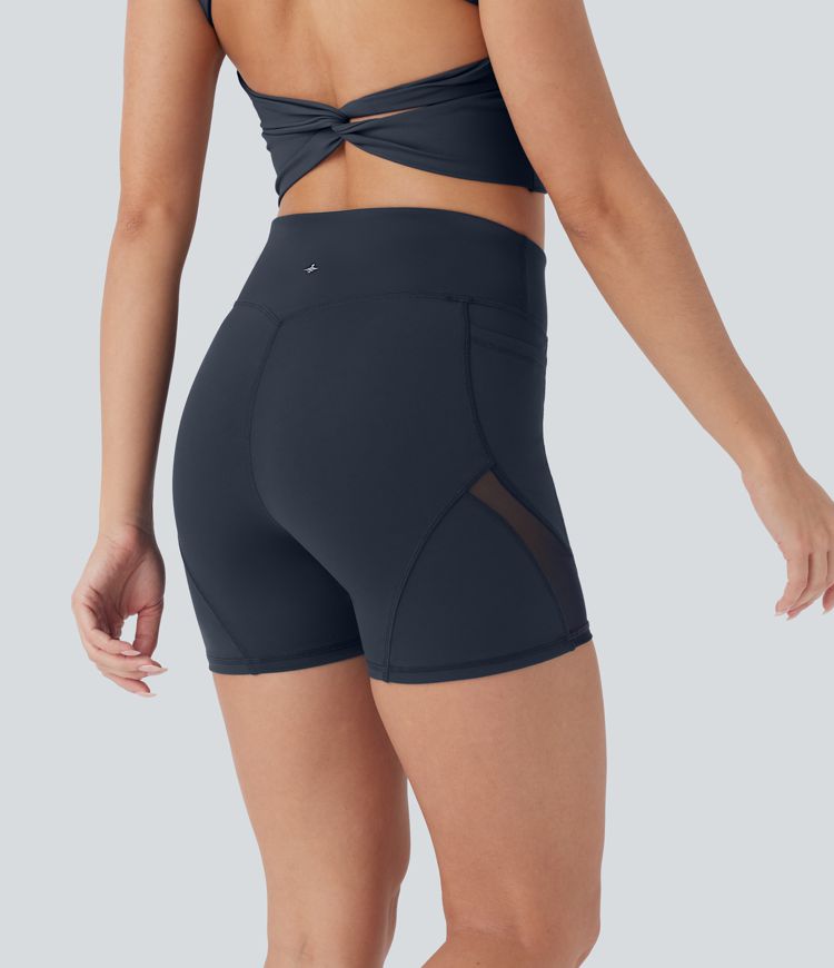 DayStretch High Waisted Pocket Contrast Mesh Yoga Biker Shorts 4''