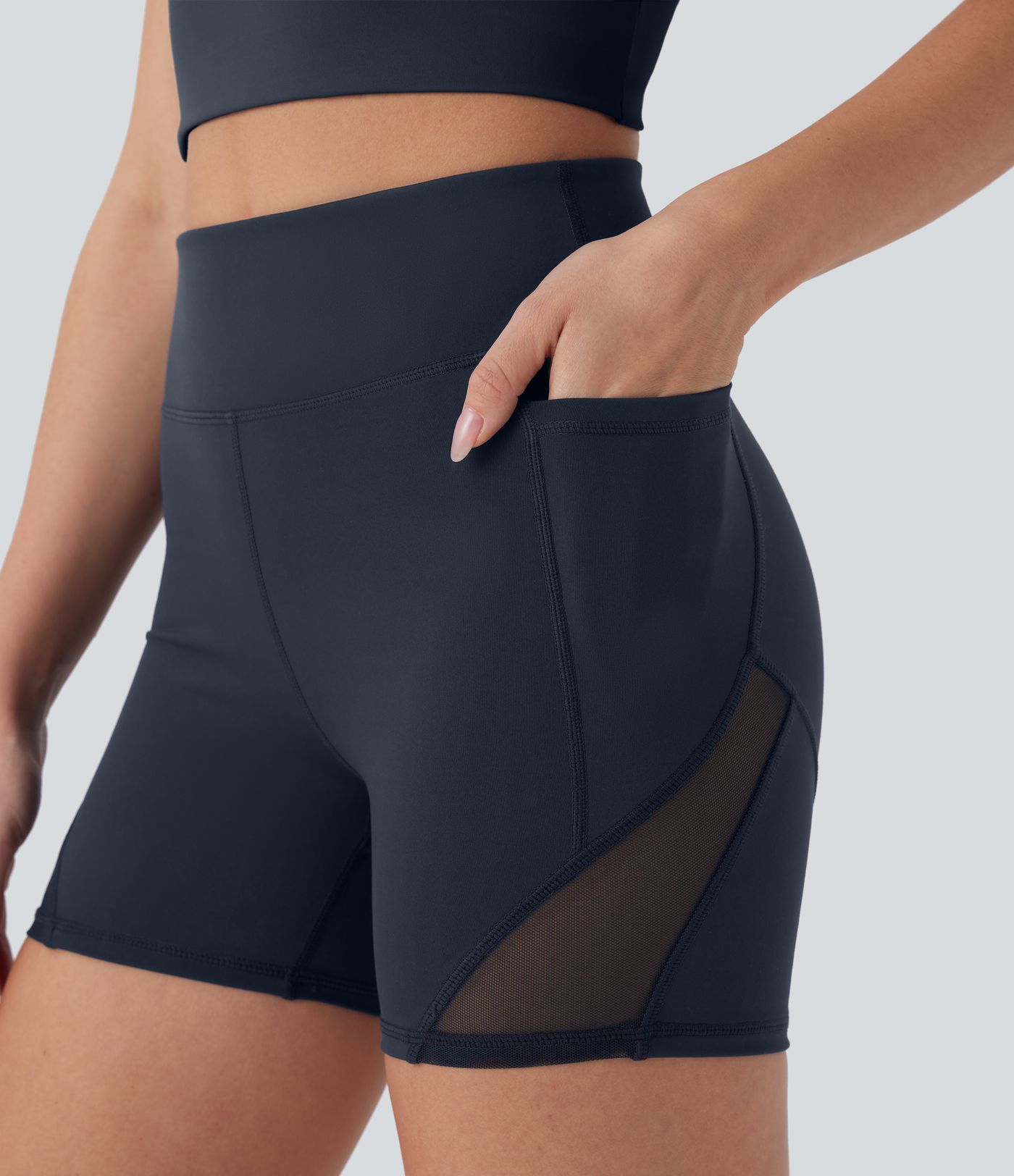 DayStretch High Waisted Pocket Contrast Mesh Yoga Biker Shorts 4''