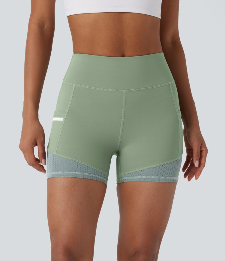 Softlyzero™ Airy Yoga-Bikershorts mit hoher Taille, reflektierender Linie in Kontrastfarbe, perforierte Seitentasche, Cool Touch, 10cm