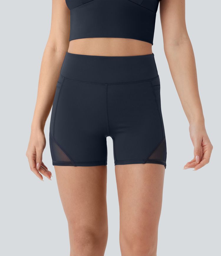 DayStretch High Waisted Pocket Contrast Mesh Yoga Biker Shorts 4''