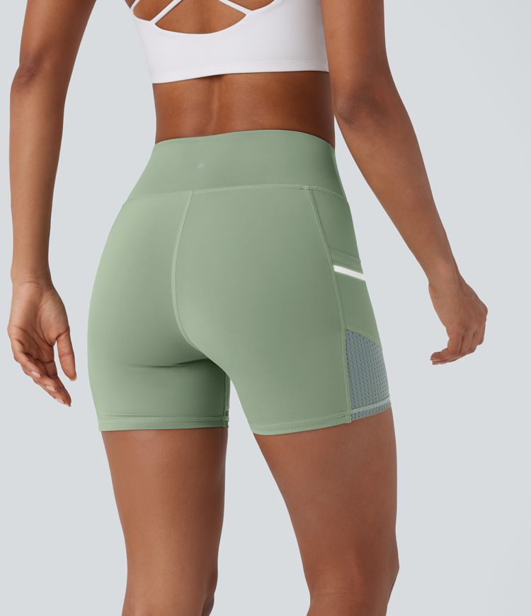 Softlyzero™ Airy Yoga-Bikershorts mit hoher Taille, reflektierender Linie in Kontrastfarbe, perforierte Seitentasche, Cool Touch, 10cm