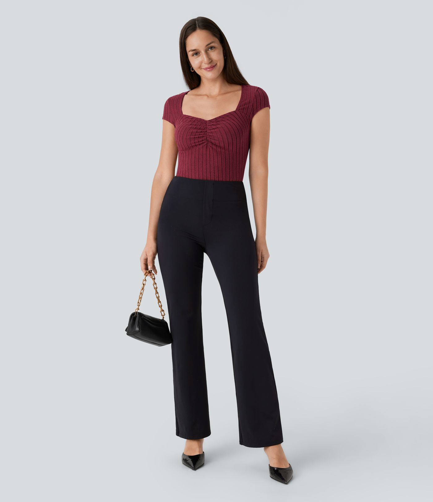 Ribbed Knit Sweetheart Neck Ruched Cap Sleeve Slim Work Top