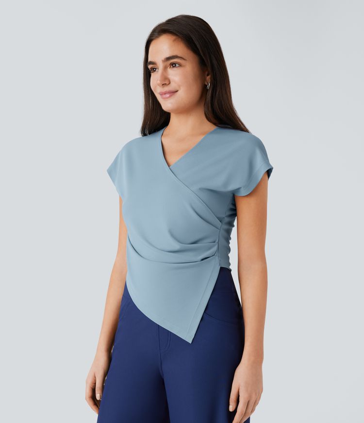 Crossover V Neck Ruched Asymmetric Hem Work Top