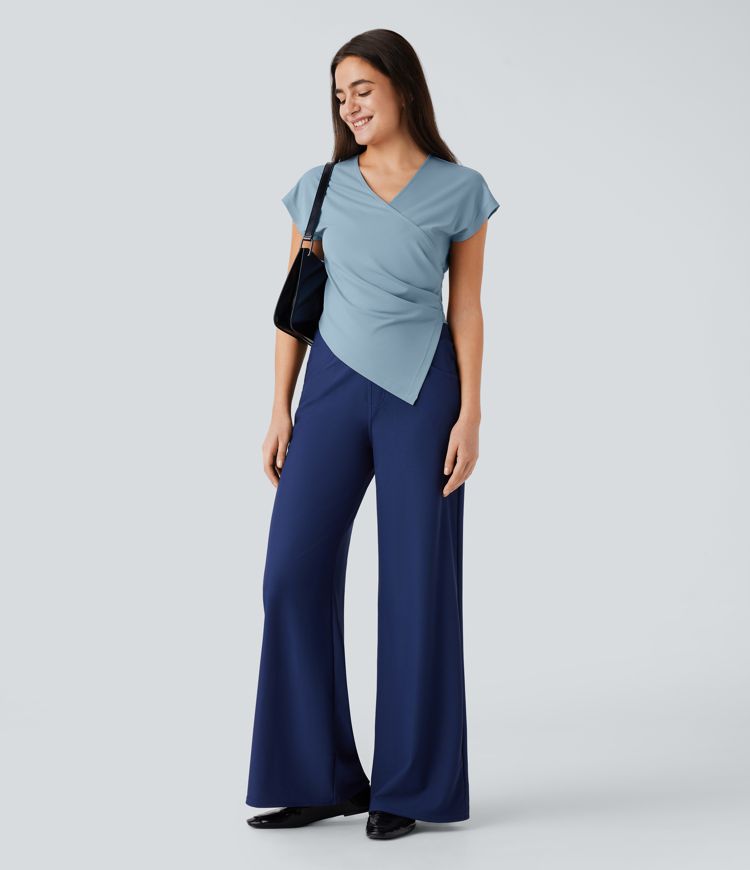 Crossover V Neck Ruched Asymmetric Hem Work Top