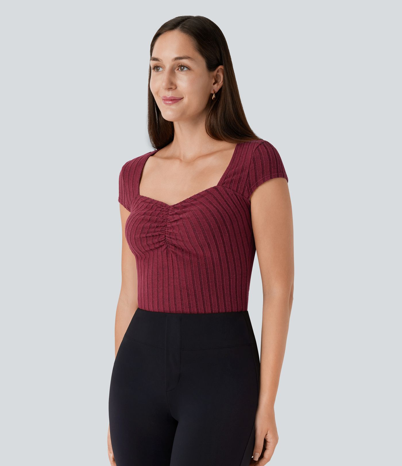 Ribbed Knit Sweetheart Neck Ruched Cap Sleeve Slim Work Top