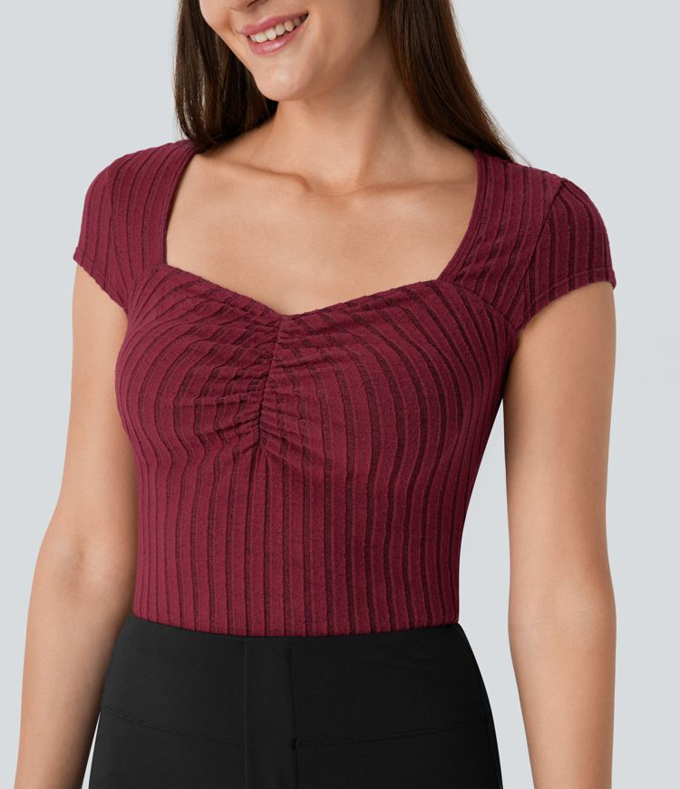 Ribbed Knit Sweetheart Neck Ruched Cap Sleeve Slim Work Top