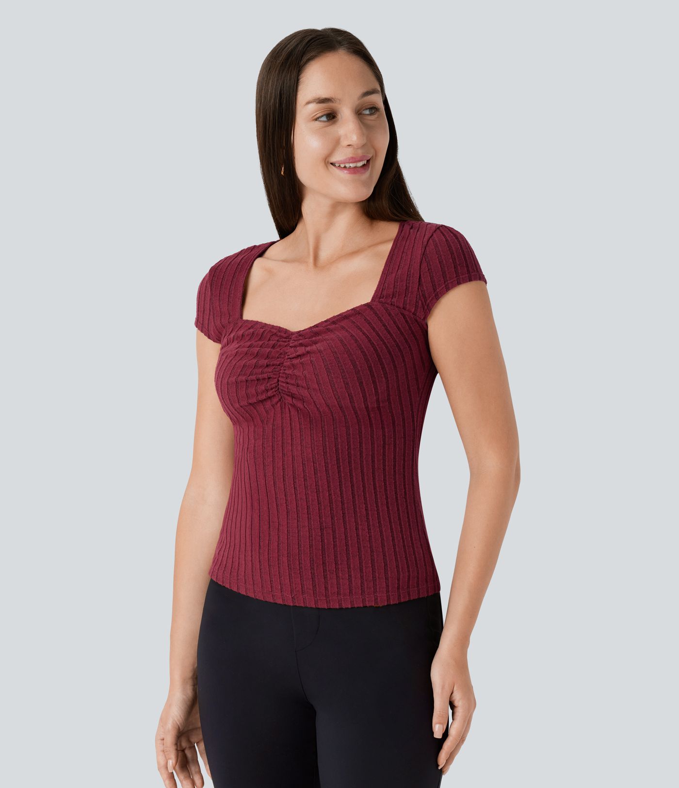 Ribbed Knit Sweetheart Neck Ruched Cap Sleeve Slim Work Top