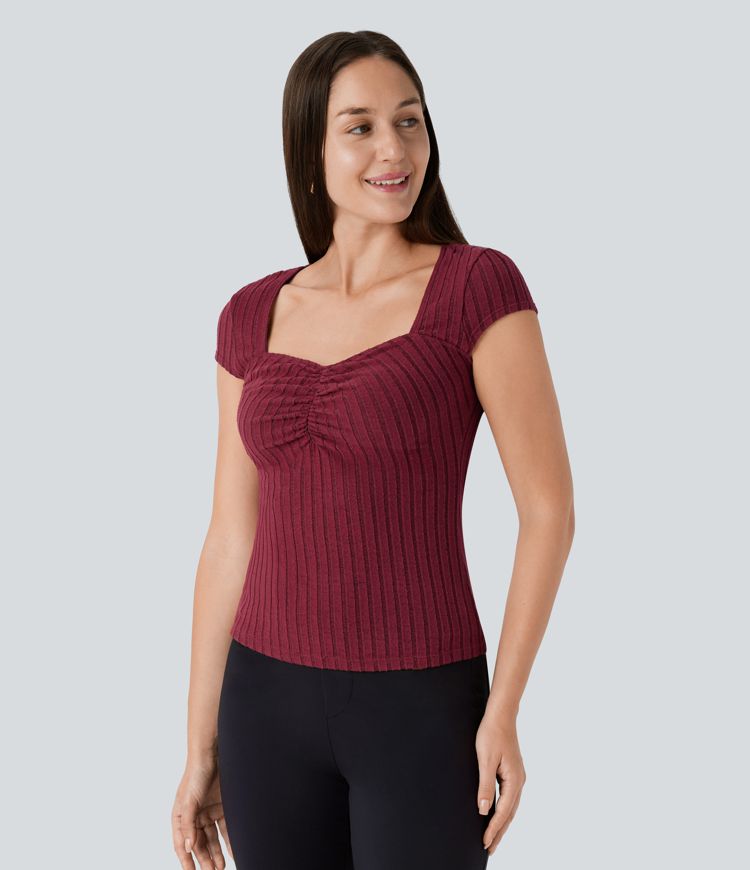 Ribbed Knit Sweetheart Neck Ruched Cap Sleeve Slim Work Top