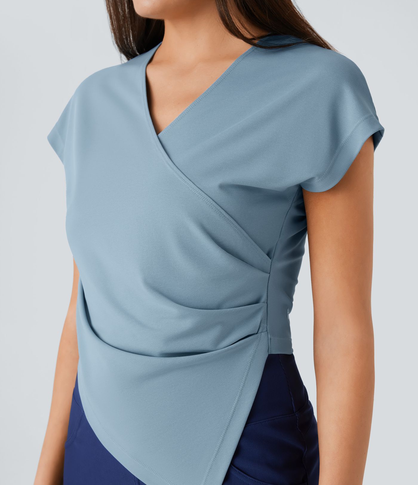 Crossover V Neck Ruched Asymmetric Hem Work Top