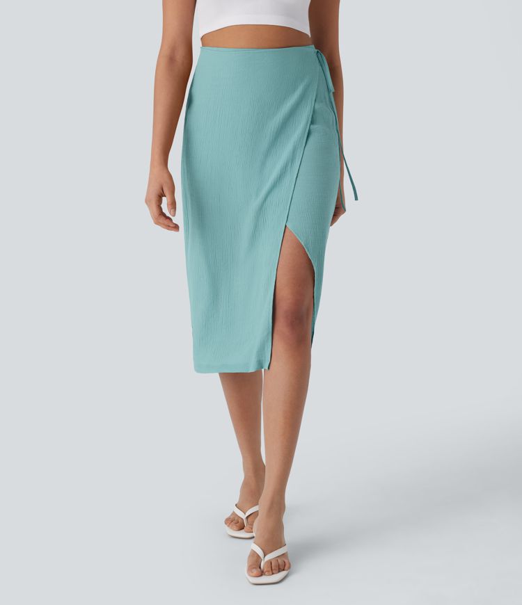 High Waisted Invisible Zipper Wrapped Tie Side Split Midi Casual Skirt