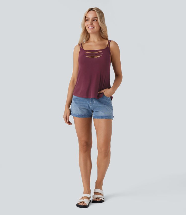 Ribbed Double Straps Ripped Cut Out Casual Tank Top