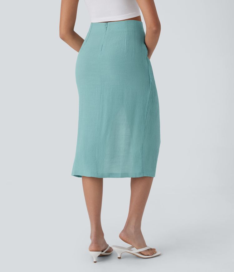 Lässiger Midirock mit hohem Bund, unsichtbarem Reißverschluss, Wickelbindung und seitlichem Schlitz