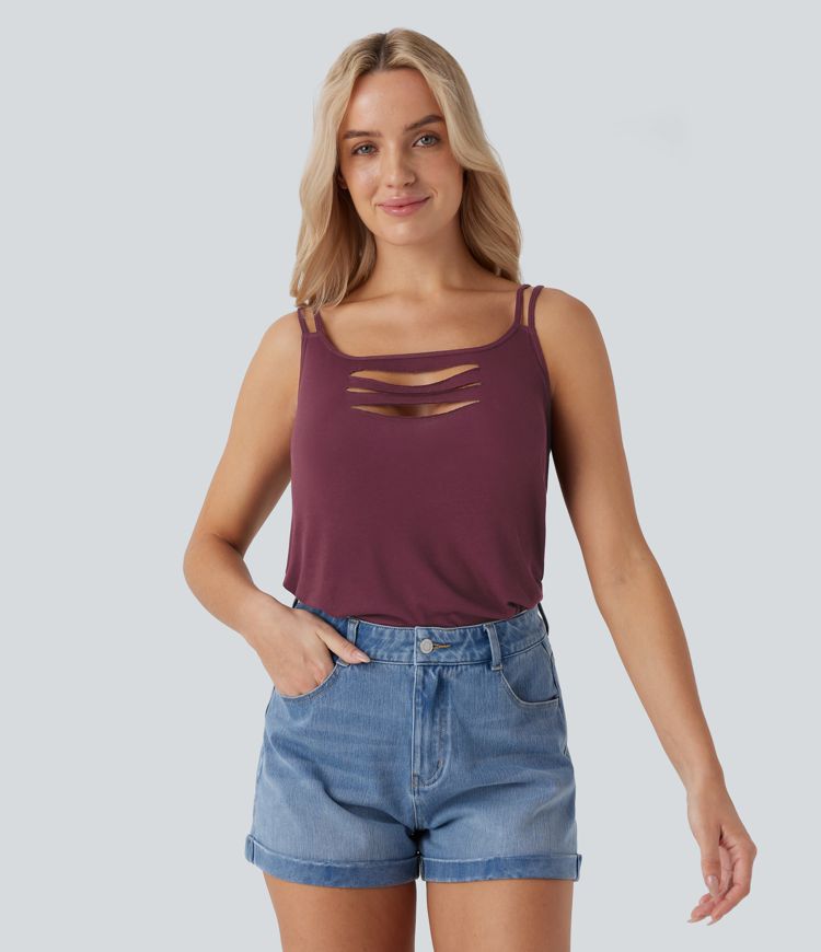 Ribbed Double Straps Ripped Cut Out Casual Tank Top