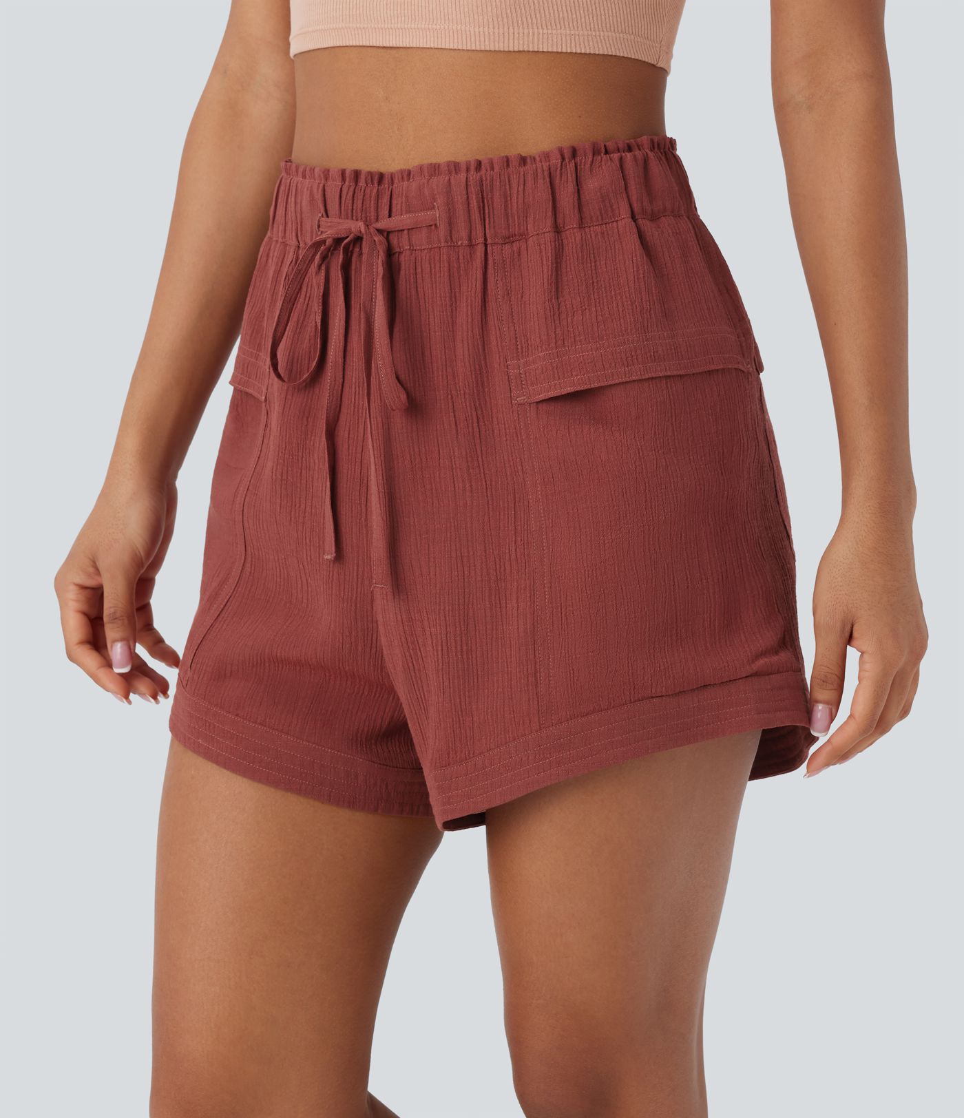 Mid Rise Drawstring Frill Multiple Pockets Resort Shorts