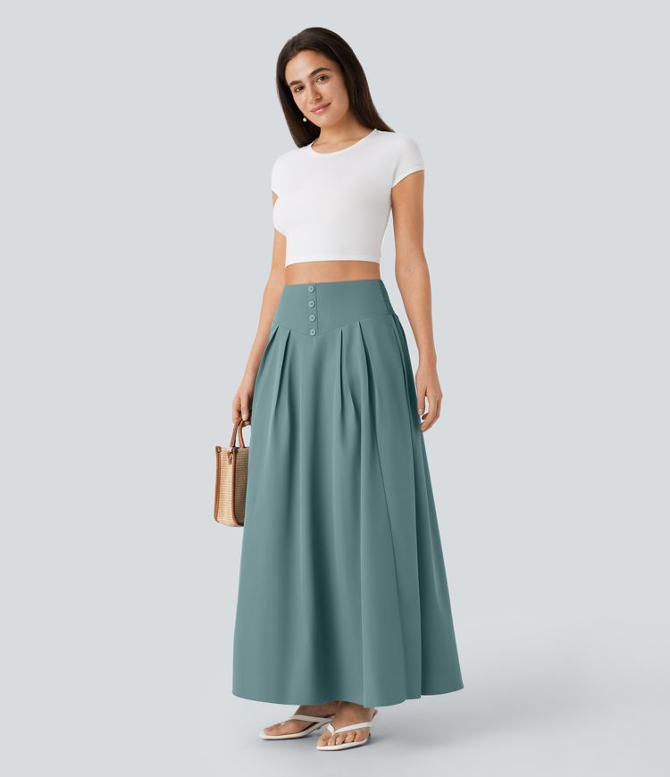 Falda maxi resort holgada tiro alto bolsillo lateral botón decorativo