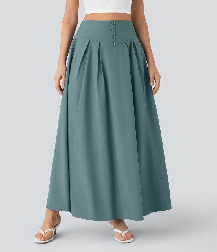 Falda maxi resort holgada tiro alto bolsillo lateral botón decorativo