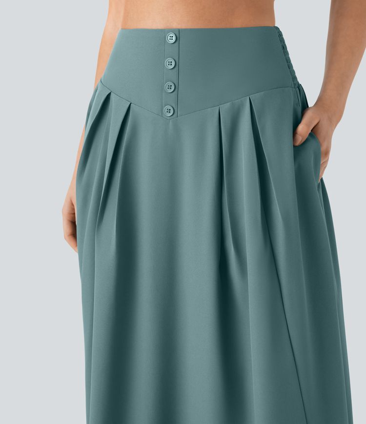 Falda maxi resort holgada tiro alto bolsillo lateral botón decorativo