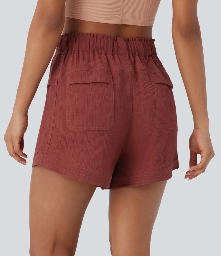 Pantalón corto resort tiro medio cordón volante múltiple bolsillo