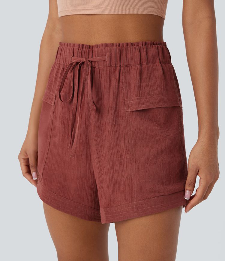 Pantalón corto resort tiro medio cordón volante múltiple bolsillo