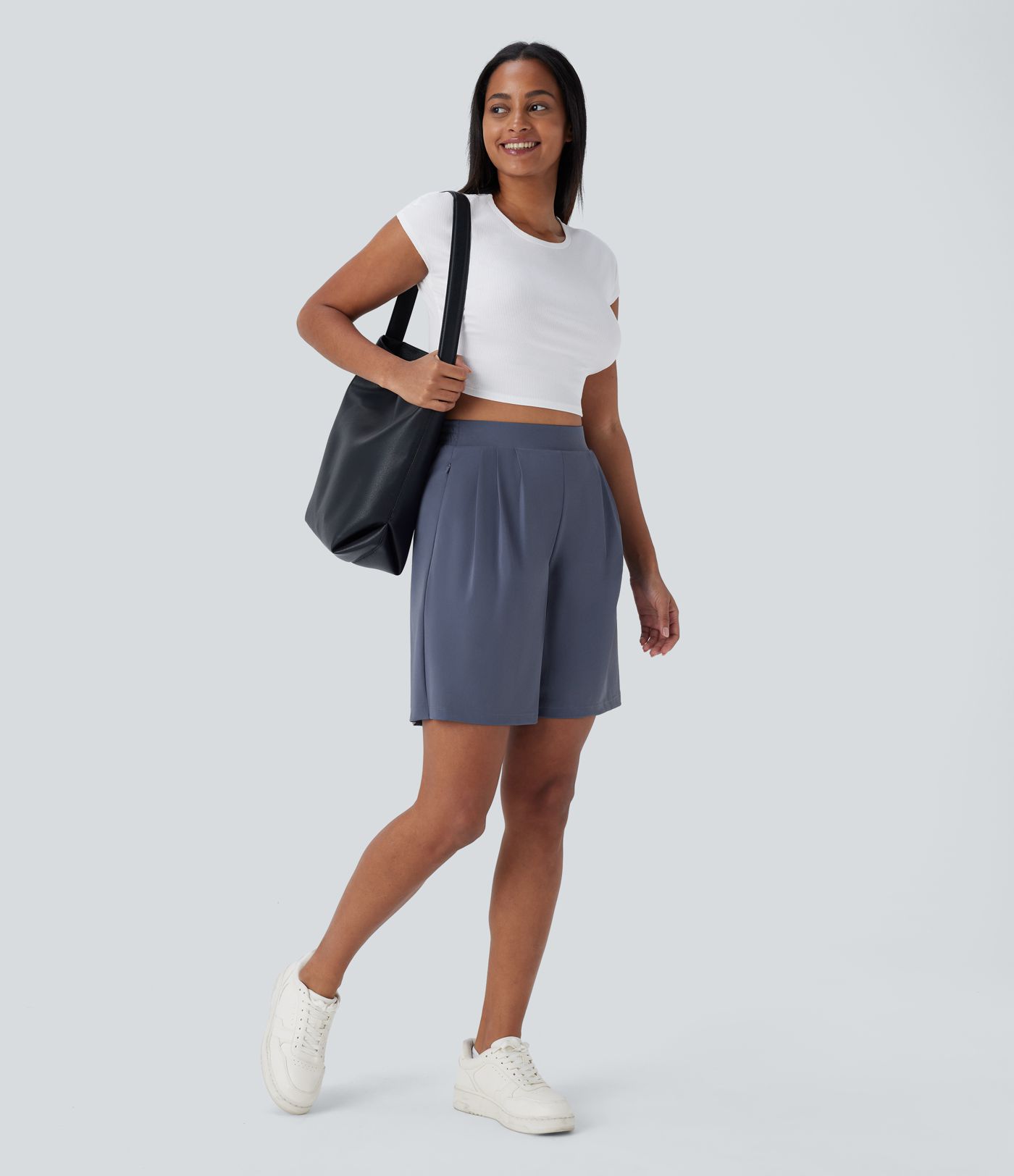 High Waisted Side Zipper Pockets Work Bermuda Shorts