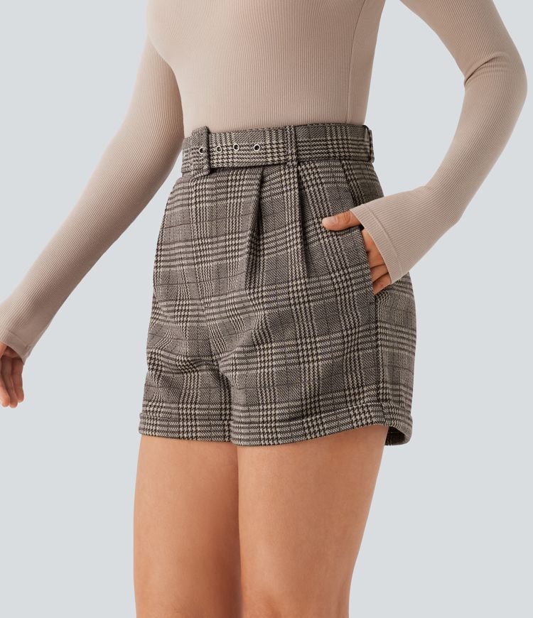 Arbeitsshorts mit hohem Bund, Gürtel, Seitentasche, gerolltem Saum und Hahnentrittmuster