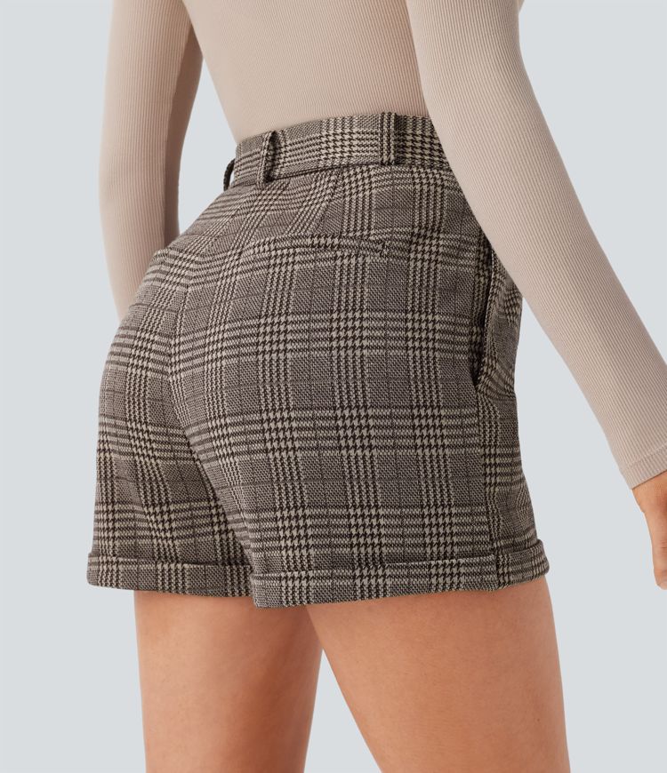 Arbeitsshorts mit hohem Bund, Gürtel, Seitentasche, gerolltem Saum und Hahnentrittmuster