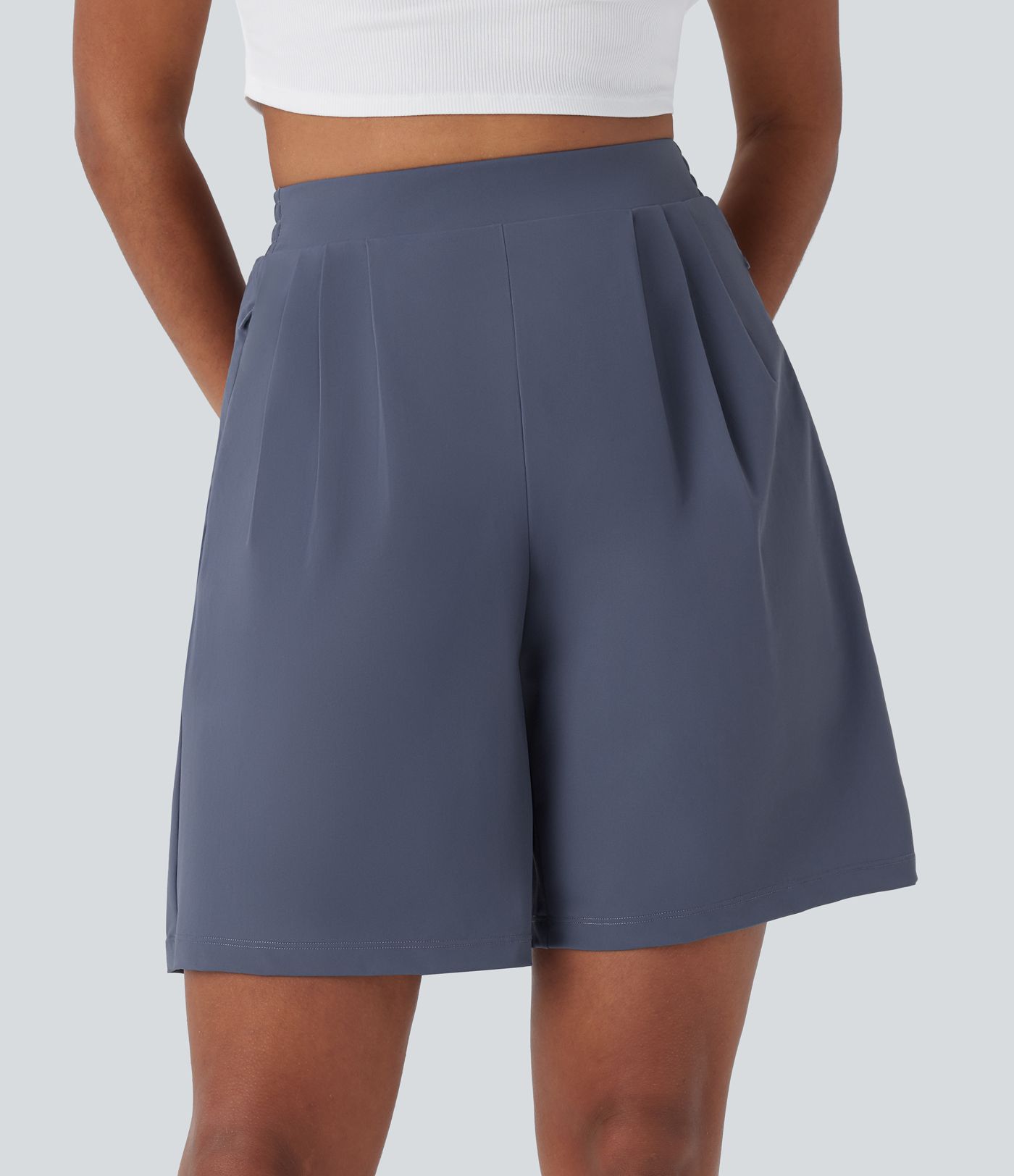 High Waisted Side Zipper Pockets Work Bermuda Shorts