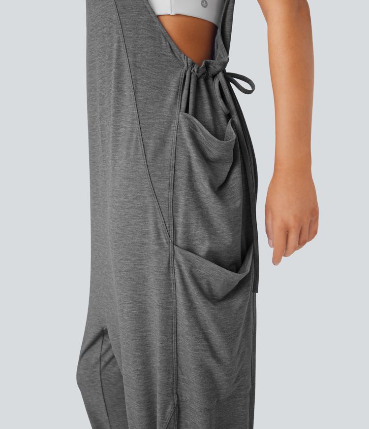 U Neck Drawstring Multiple Pockets Casual Jumpsuit