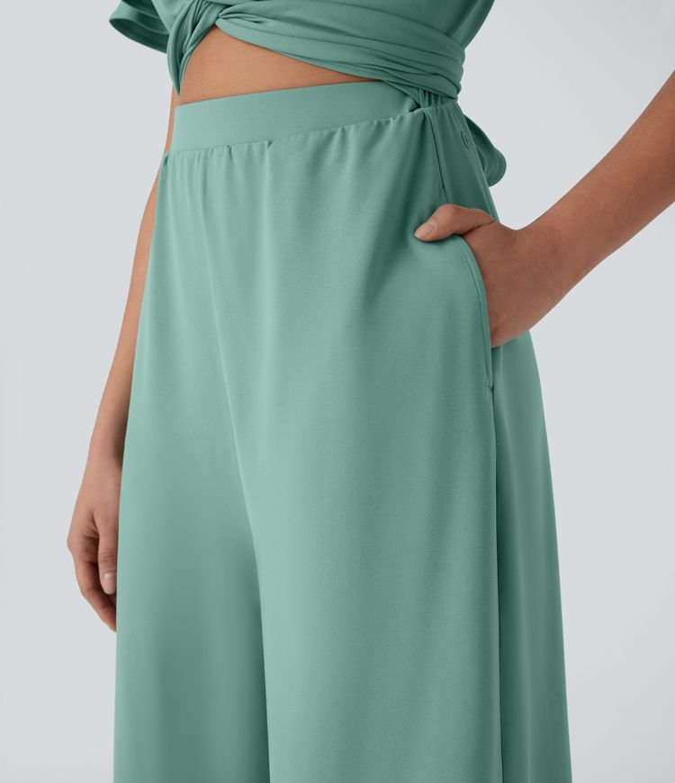 V Neck Butterfly Sleeve Twisted Tie Back Side Pocket Wide Leg Flowy Casual Jumpsuit